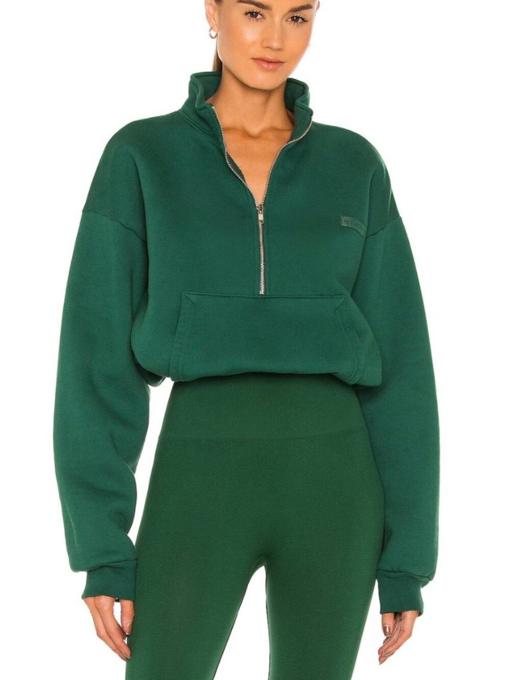 Set Active Green Cropped Quarter Zip Elastic Waist Pullover Sweatshirt Sz Small